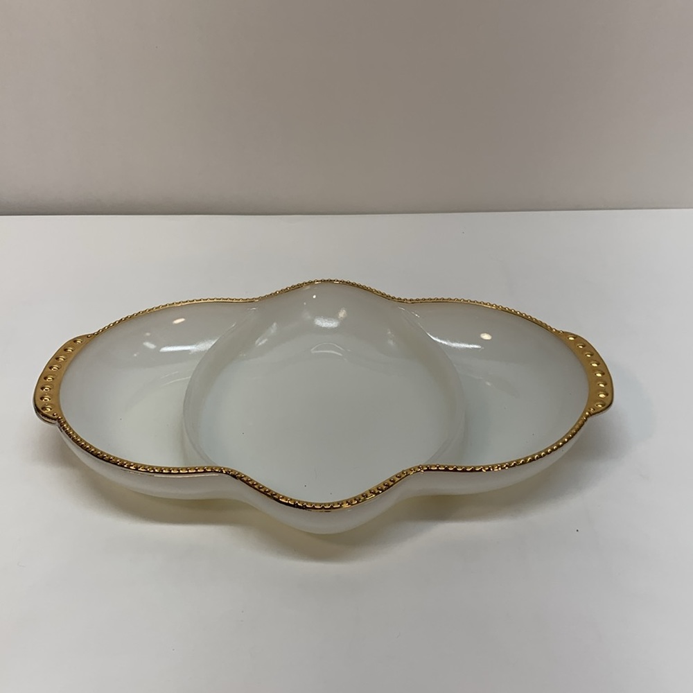 FIRE KING Divided Relish Dish white Milk Glass Anchor Hocking Gold Trim vintage